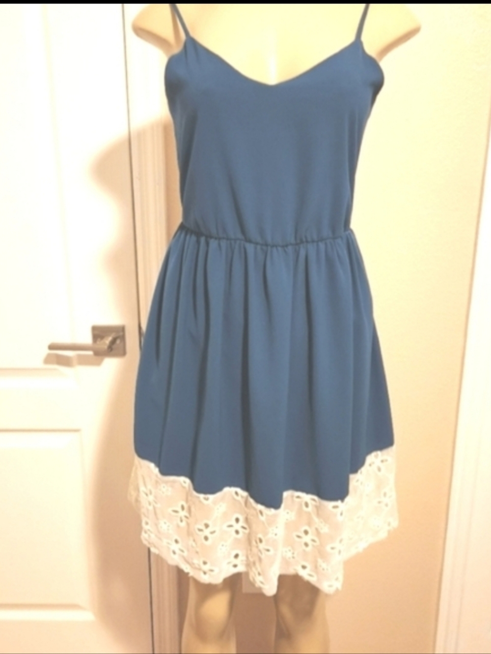 Blue Spaghetti Strap Dress with White Eyelet Hem